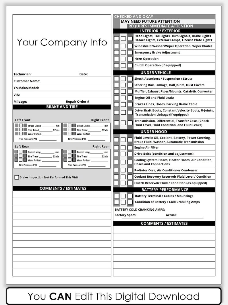 PDF Printable Vehicle Inspection Report, Used Vehicle Inspection Sheet