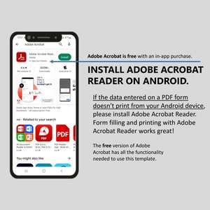 K&ouml;nnte beinhalten: Ein Screenshot eines Smartphones, auf dem die Adobe Acrobat Reader-App im Google Play Store angezeigt wird. Die App ist kostenlos mit einem In-App-Kauf. Der Text "INSTALLIERE ADOBE ACROBAT READER AUF ANDROID." wird in gro&szlig;en, fetten Buchstaben angezeigt. Der Text "Wenn die auf einem PDF-Formular eingegebenen Daten nicht von Ihrem Android-Ger&auml;t gedruckt werden, installieren Sie bitte Adobe Acrobat Reader. Formularausf&uuml;llen und Drucken mit Adobe Acrobat Reader funktioniert einwandfrei!" wird ebenfalls angezeigt. Der Text "Die kostenlose Version von Adobe Acrobat verf&uuml;gt &uuml;ber alle Funktionen, die zum Verwenden dieser Vorlage erforderlich sind." wird am unteren Bildschirmrand angezeigt.