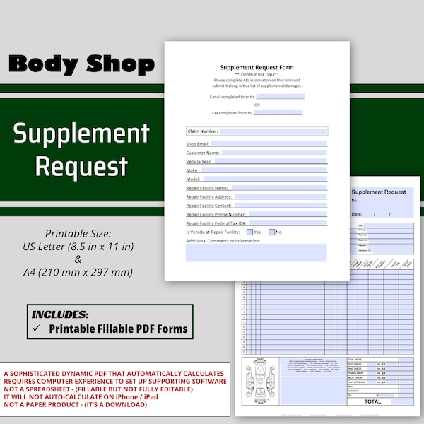 Auto Body Supplement Request Form 2 Page, Body Shop Insurance Supplement Form Pdf, Printable Repair Supplement Fill Out Collision Supplement