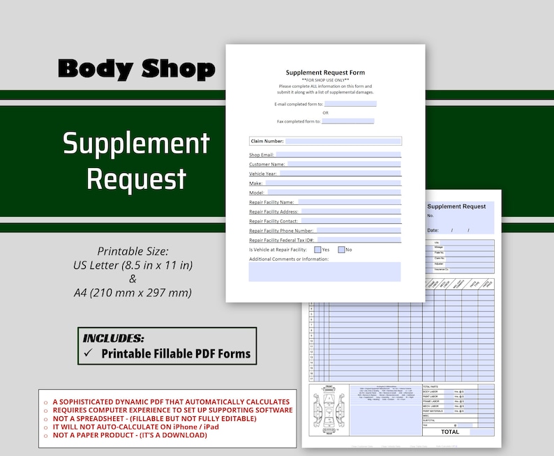 Auto Body Supplement Request Form 2 Page, Body Shop Insurance