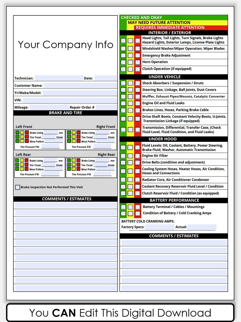 PDF Printable Vehicle Inspection Report Used Vehicle - Etsy
