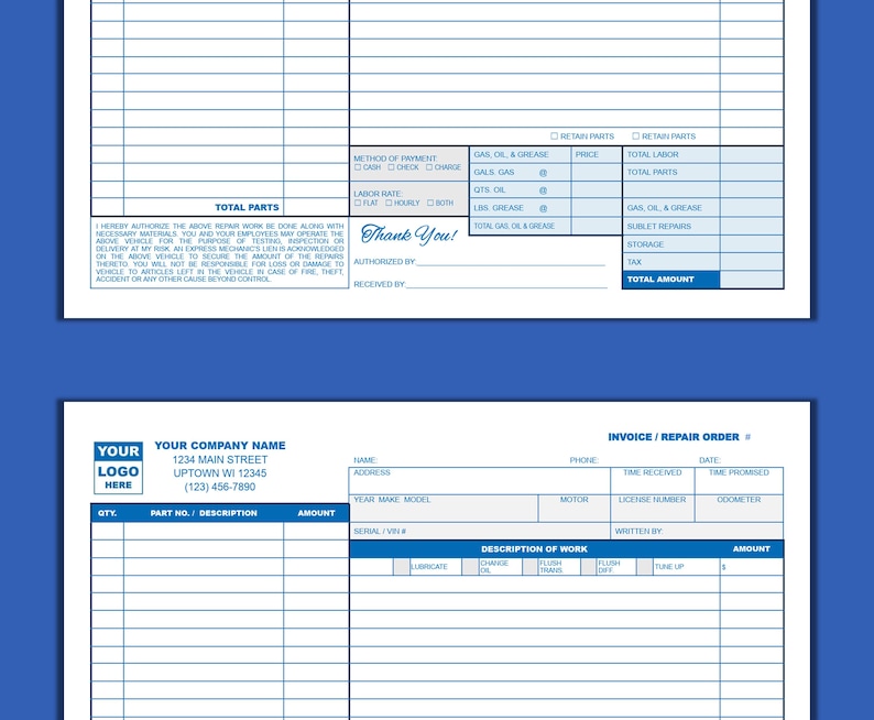 May include: A white invoice or repair order form with blue text and lines. The form has sections for customer information, parts, labor, and a description of work. The form also includes a section for payment information and a thank you message.