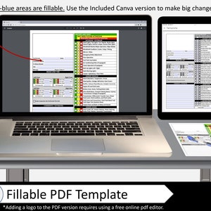 K&ouml;nnte beinhalten: Ein Laptop-Computer, auf dem ein ausf&uuml;llbares PDF-Template auf dem Bildschirm angezeigt wird. Das Template ist eine Checkliste f&uuml;r Fahrzeuginspektionen. Der Text "Hellblaue Bereiche sind ausf&uuml;llbar. Verwenden Sie die mitgelieferte Canva-Version, um gro&szlig;e &Auml;nderungen vorzunehmen." wird oben im Bild angezeigt. Der Text "F&uuml;llbares PDF-Template" wird unten im Bild angezeigt.