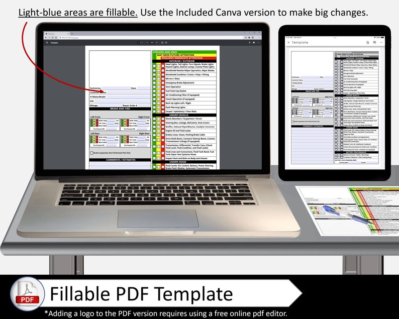 K&ouml;nnte beinhalten: Ein Laptop-Computer, auf dem ein ausf&uuml;llbares PDF-Template auf dem Bildschirm angezeigt wird. Das Template ist eine Checkliste f&uuml;r Fahrzeuginspektionen. Der Text "Hellblaue Bereiche sind ausf&uuml;llbar. Verwenden Sie die mitgelieferte Canva-Version, um gro&szlig;e &Auml;nderungen vorzunehmen." wird oben im Bild angezeigt. Der Text "F&uuml;llbares PDF-Template" wird unten im Bild angezeigt.