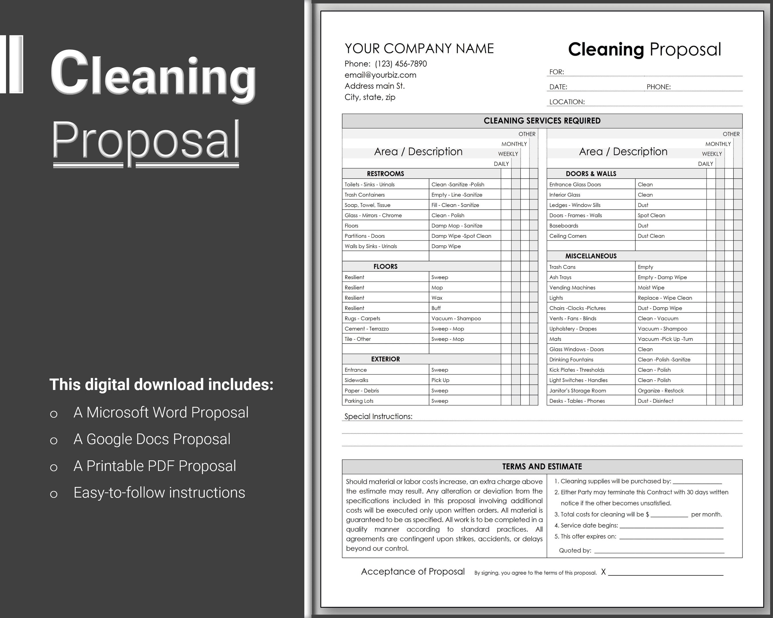EDITABLE Cleaning Proposal WORD Cleaning Estimate Template Etsy
