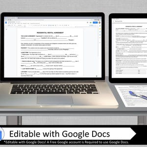 K&ouml;nnte beinhalten: Ein Laptop und ein Tablet, auf denen ein Formular f&uuml;r einen Wohnmietvertrag angezeigt wird. Der Text auf dem Bildschirm lautet "RESIDENTIAL RENTAL AGREEMENT". Das Bild enth&auml;lt auch den Text "Editable with Google Docs" und "*Editable with Google Docs! A Free Google account is Required to use Google Docs."