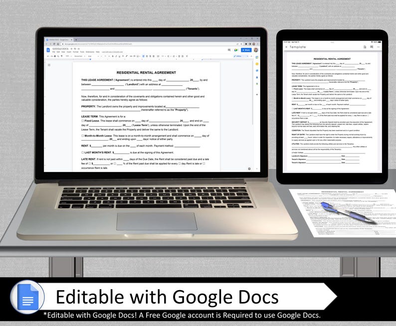 K&ouml;nnte beinhalten: Ein Laptop und ein Tablet, auf denen ein Formular f&uuml;r einen Wohnmietvertrag angezeigt wird. Der Text auf dem Bildschirm lautet "RESIDENTIAL RENTAL AGREEMENT". Das Bild enth&auml;lt auch den Text "Editable with Google Docs" und "*Editable with Google Docs! A Free Google account is Required to use Google Docs."