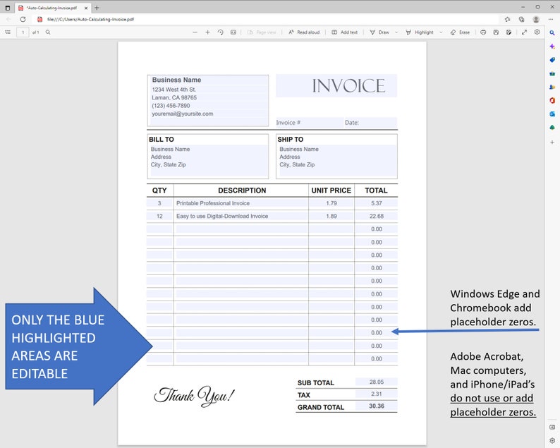 Easy-on-ink Auto-calculating Invoice, Fillable Printable Invoice ...