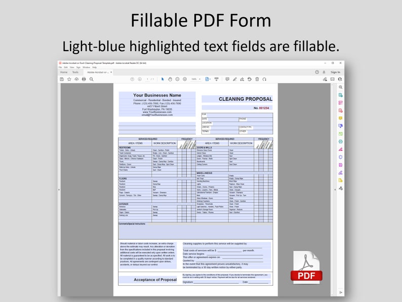 May include: A computer screen shows a fillable PDF form labelled "Cleaning Proposal." The form has light-blue highlighted text fields. The top of the form includes the text "Your Businesses Name." A PDF icon is in the lower right corner.