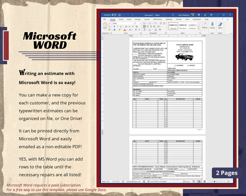 K&ouml;nnte beinhalten: Eine zweiseitige Microsoft Word-Dokumentvorlage zum Erstellen von Kostenvoranschl&auml;gen. Die Vorlage enth&auml;lt eine Tabelle zum Auflisten von Teilen, Preisen, Beschreibungen und Arbeitsaufwand. Das Dokument enth&auml;lt auch einen Abschnitt f&uuml;r Kundeninformationen und einen Haftungsausschluss.