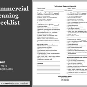 Commercial Cleaning Checklist for Reception area, Lunch/Kitchen areas, Restrooms, Office areas, Conference Room, Warehouse/Production areas