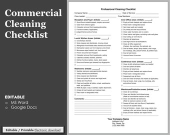 Commercial Cleaning Checklist for Reception area, Lunch/Kitchen areas, Restrooms, Office areas, Conference Room, Warehouse/Production areas