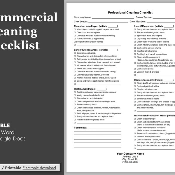 Checkliste für die gewerbliche Reinigung von Empfangsbereich, Pausenräumen/Küchenbereichen, Toiletten, Bürobereichen, Konferenzräumen, Lager-/Produktionsbereichen