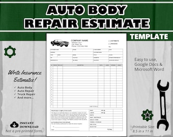 Editable Auto Body Repair Estimate Template, WORD, Google Docs, & Printable PDF, Auto Repair Estimate Template, Body Shop Estimate Template