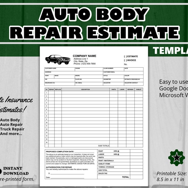 Editable Auto Body Repair Estimate Template, WORD, Google Docs, & Printable PDF, Auto Repair Estimate Template, Body Shop Estimate Template