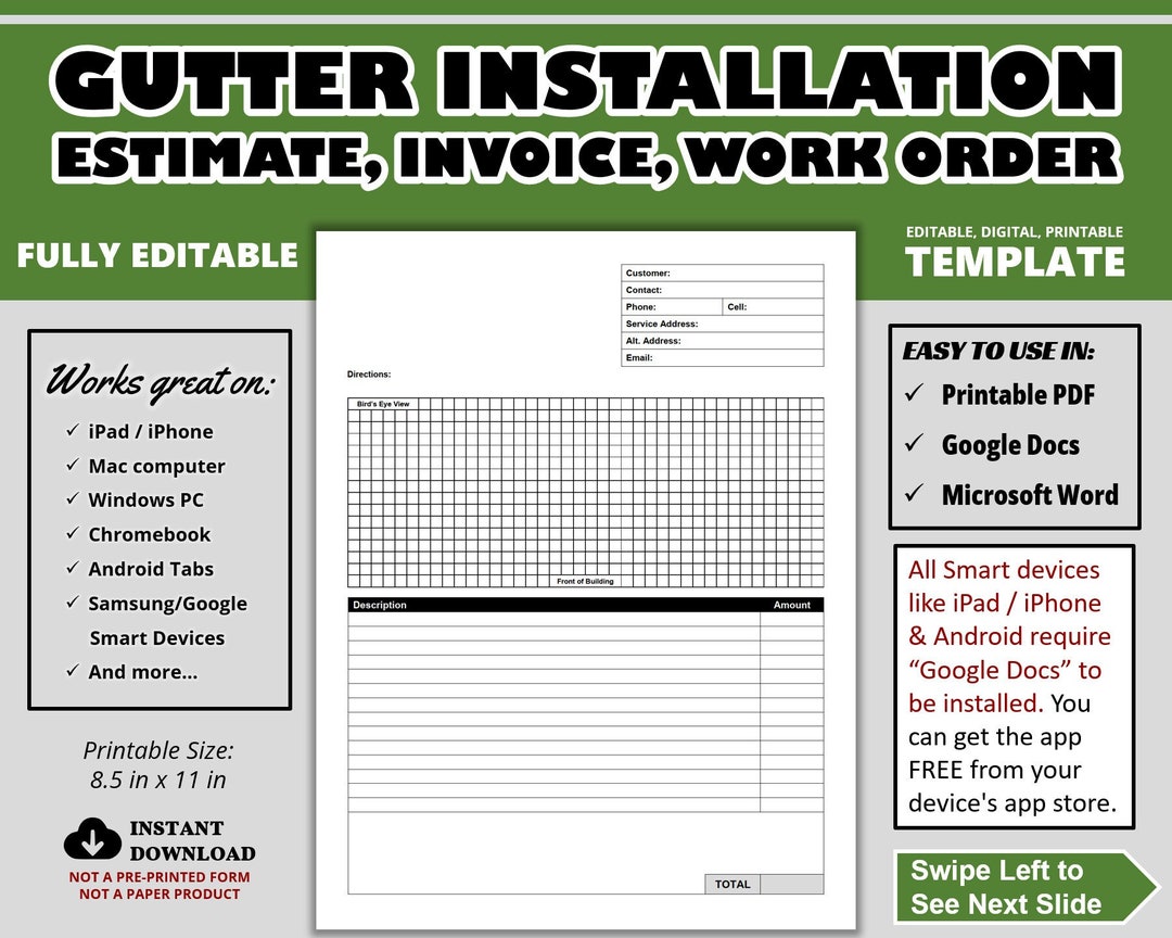Gutter Installation Estimate, Invoice or Work Order, Printable Rain Gutter Installation Estimate, Invoice or Work Order, Printable Rain