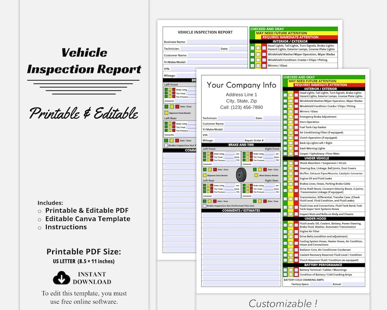 Vehicle Inspection Report, EDITABLE PRINTABLE Used Vehicle Inspection