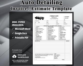 Auto Detailing Invoice Template or Estimate for Auto Services - Auto Detailing Checklist Template, including Auto Repair, Editable in Word