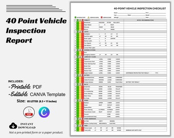 May include: A printable 40-point vehicle inspection checklist template in US Letter size (8.5 x 11 inches). The checklist includes sections for visibility, lights, warning systems, lubricants and fluids, battery, belts, hoses, tires, and other areas. The template is designed for use by mechanics or individuals to inspect vehicles.