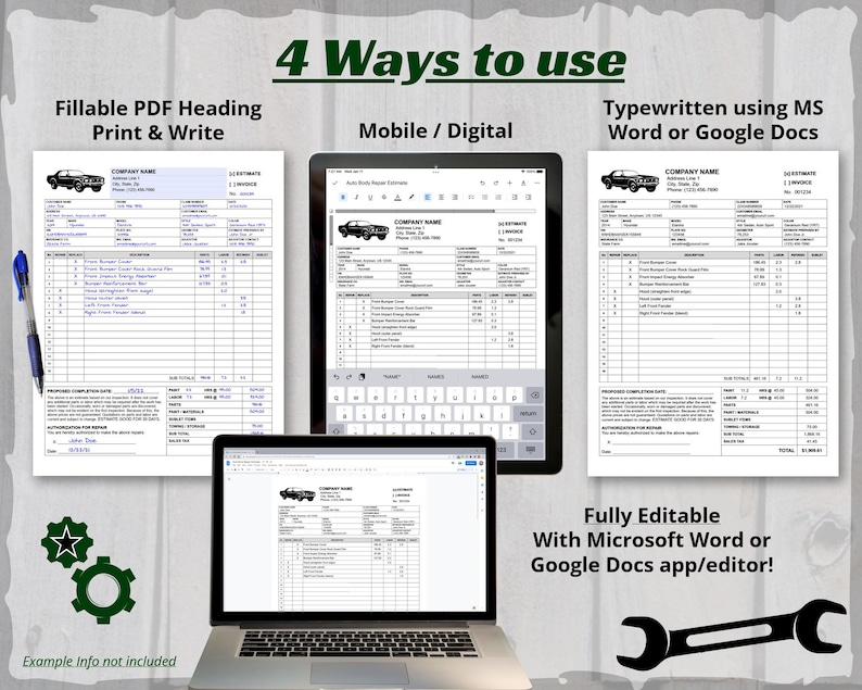 May include: A digital image showing four ways to use an auto body repair estimate form. The form is shown as a fillable PDF, a mobile app, a typewritten document, and a fully editable document. The image includes the text "4 Ways to use", "Fillable PDF Heading Print & Write", "Mobile / Digital", "Typewritten using MS Word or Google Docs", "Fully Editable With Microsoft Word or Google Docs app/editor!" and "Example Info not included".