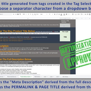 May include: A screenshot of a computer screen showing a web page with a green stamp that says "OPTIMIZATION APPROVED". The web page is a tool for creating Etsy product titles and descriptions. The tool includes a section for entering tags, a section for entering a product title, and a section for entering a product description. The tool also includes a section for entering a meta description, which is a brief summary of the product that appears in search engine results.
