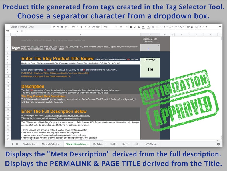 May include: A screenshot of a computer screen showing a web page with a green stamp that says "OPTIMIZATION APPROVED". The web page is a tool for creating Etsy product titles and descriptions. The tool includes a section for entering tags, a section for entering a product title, and a section for entering a product description. The tool also includes a section for entering a meta description, which is a brief summary of the product that appears in search engine results.
