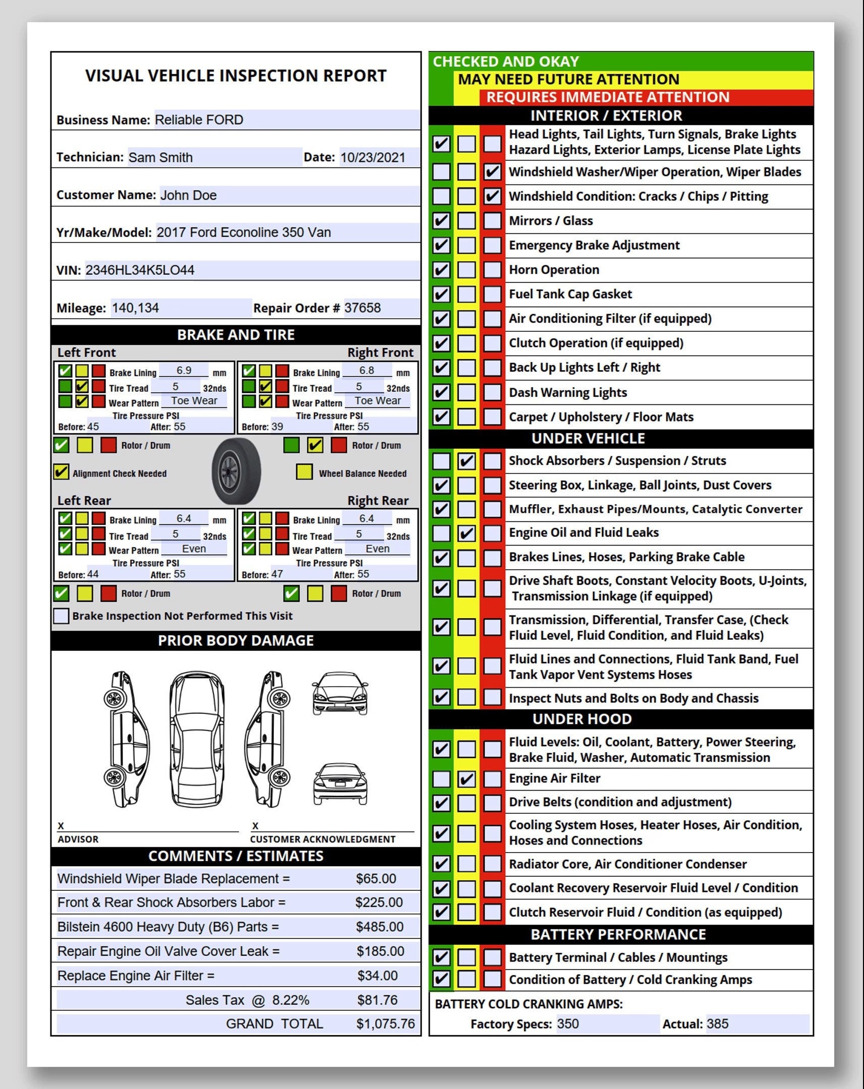 40-point Vehicle Inspection Report, Multi-point Inspection