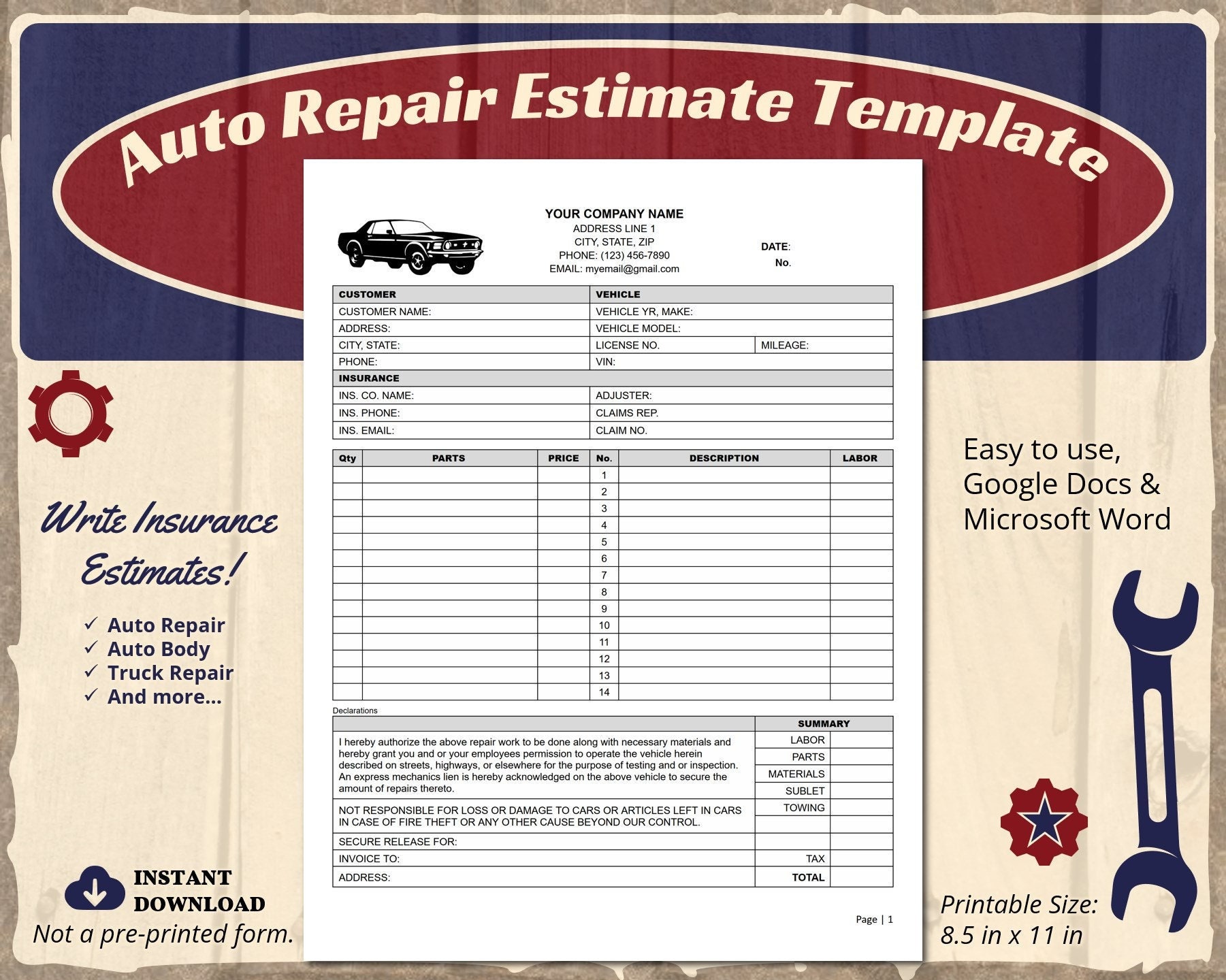 Auto Body Repair Quote Template