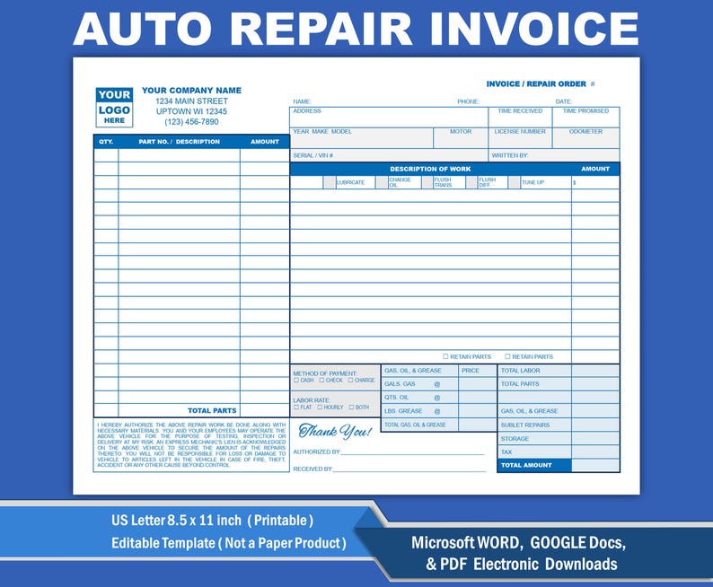 May include: A printable auto repair invoice template in blue and white. The template includes sections for customer information, vehicle details, description of work, parts, labor, and total amount. The template is designed for use with Microsoft Word, Google Docs, and PDF.