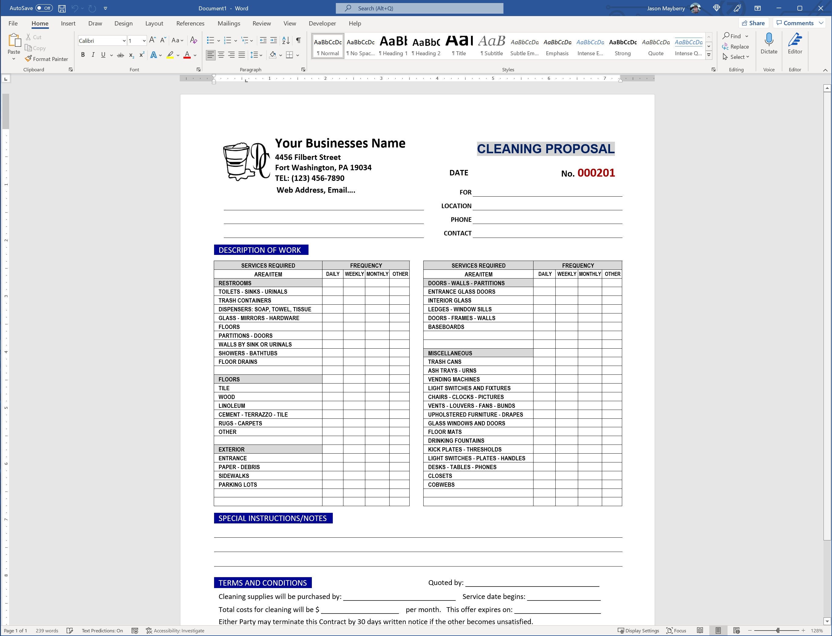 Simple Cleaning Proposal Template | Cleaning Proposal Form | MS Word Cleaning Proposal | Office and Commercial Cleaning Estimate Checklist