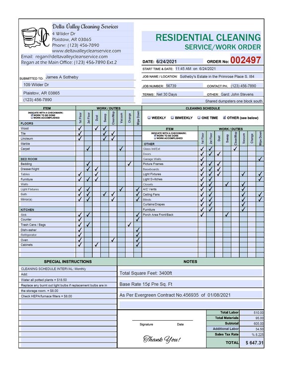 Residential Cleaning Service Estimate Invoice Work Order Etsy