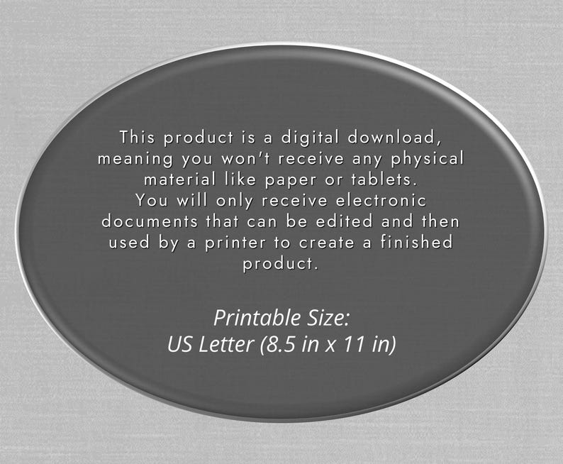 K&ouml;nnte beinhalten: Ein grauer Kreis mit wei&szlig;em Text, der erkl&auml;rt, dass dieses Produkt ein digitaler Download ist und elektronisch geliefert wird. Der Text gibt auch an, dass die druckbare Gr&ouml;&szlig;e US Letter (8,5 Zoll x 11 Zoll) ist.