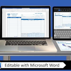 May include: A computer screen displaying a blank invoice template in Microsoft Word. The template includes fields for company name, invoice number, date, item description, quantity, unit price, and total. The template is designed for use with a business.