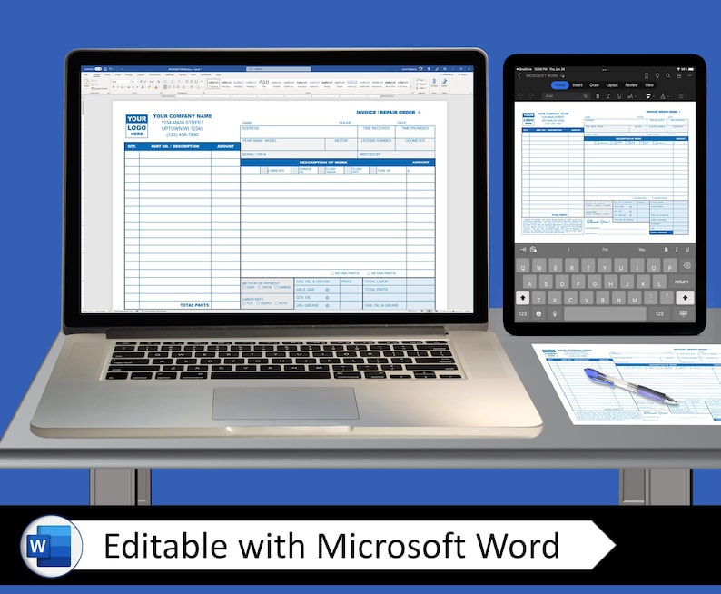 May include: A computer screen displaying a blank invoice template in Microsoft Word. The template includes fields for company name, invoice number, date, item description, quantity, unit price, and total. The template is designed for use with a business.