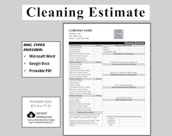 Cleaning Estimate Template, WORD & Google Docs Editable Cleaning Proposal, Cleaning Checklist, DIY Cleaning Service business Form