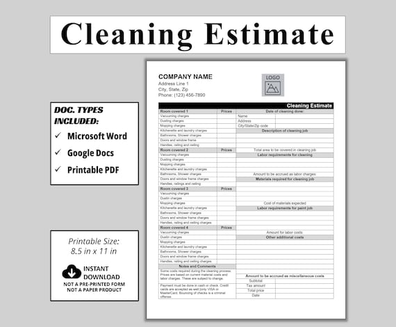 Cleaning Estimate Template, WORD & Google Docs Editable Cleaning Proposal, Cleaning Checklist, DIY Cleaning Service business Form