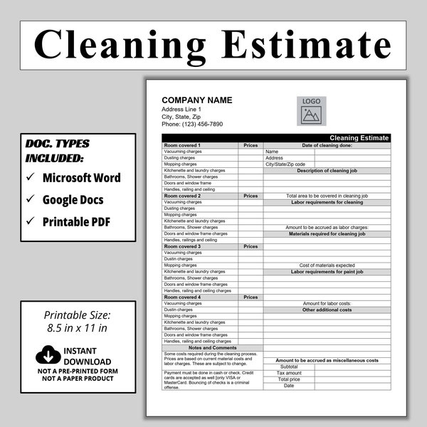 Cleaning Estimate Template, WORD & Google Docs Editable Cleaning Proposal, Cleaning Checklist, DIY Cleaning Service business Form