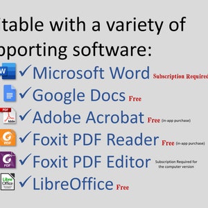 May include: An image showing software compatibility, including Microsoft Word, Google Docs, Adobe Acrobat, Foxit PDF Reader, Foxit PDF Editor, and LibreOffice. Some software requires a subscription.