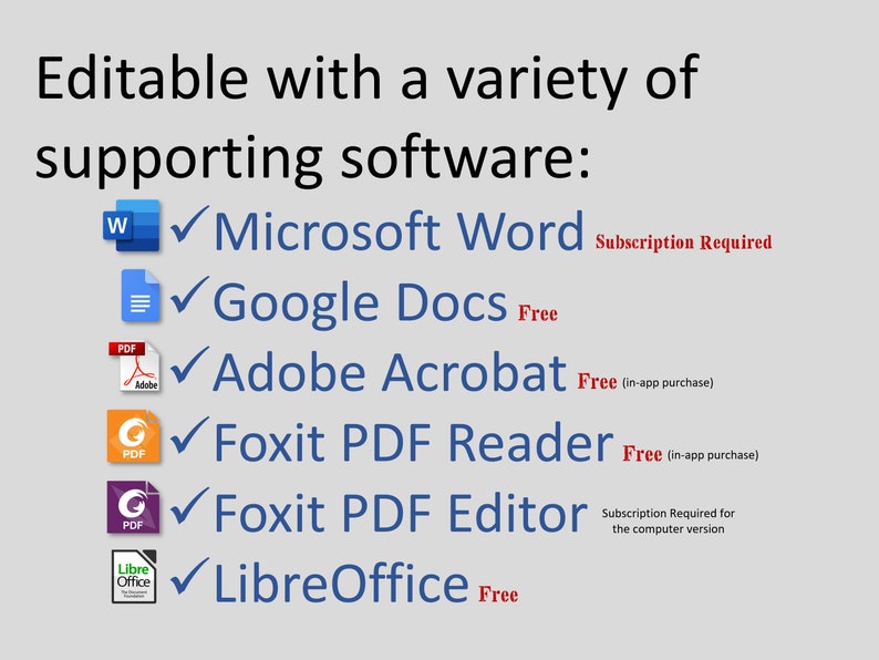 May include: An image showing software compatibility, including Microsoft Word, Google Docs, Adobe Acrobat, Foxit PDF Reader, Foxit PDF Editor, and LibreOffice. Some software requires a subscription.