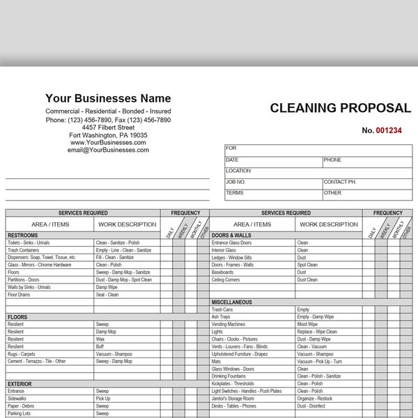 Cleaning Proposal Template, Basic Editable Microsoft WORD and Adobe Acrobat PDF Cleaning Service Proposal