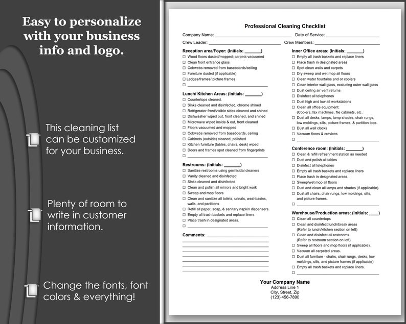 Commercial Cleaning Checklist for Reception Area Etsy