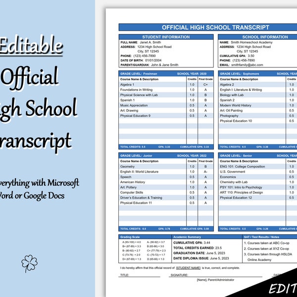 Fillable Printable High School Transcript Template GOOGLE DOCS and WORD, Homeschool Transcript Template, Example of Homeschool Transcript