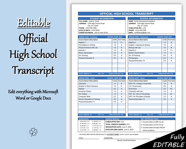 Fillable Printable High School Transcript Template GOOGLE DOCS Etsy Fillable Printable High School Transcript Template GOOGLE DOCS Etsy