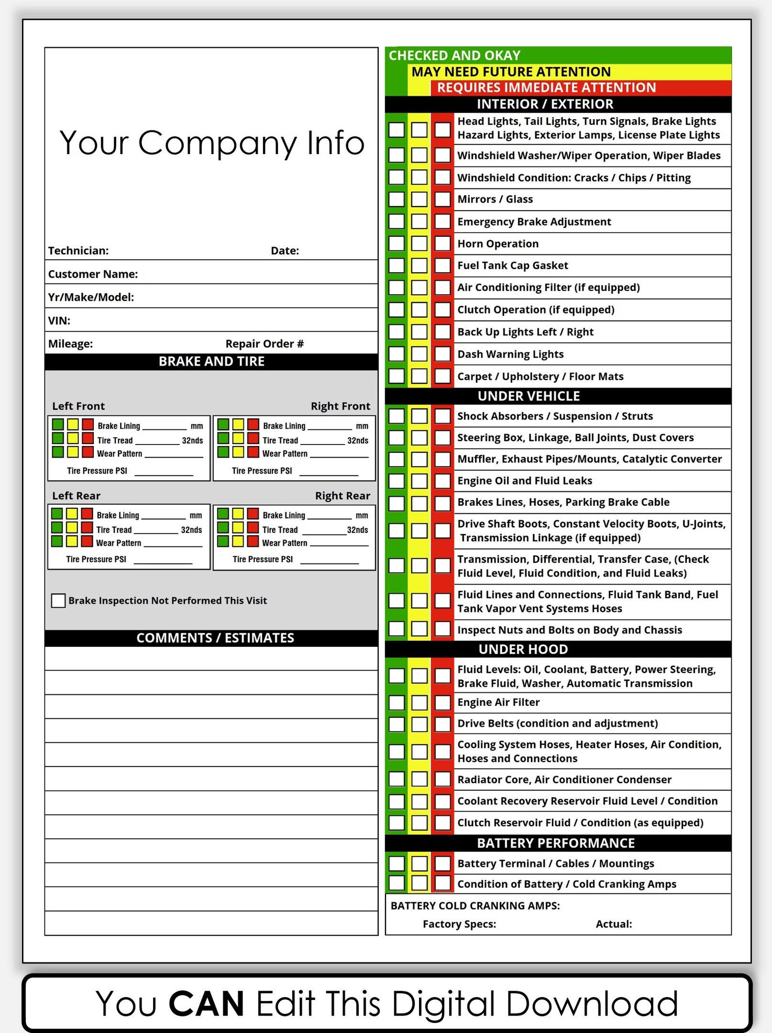 Pdf printable vehicle inspection report canva template editable car or