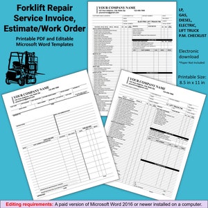 Forklift Repair Invoice, Estimate, or Work Order for Industrial Equipment Services, Lift Truck P.M., LP, Gas, Diesel, Electric Forklift P.M