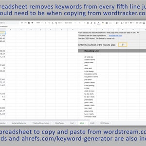 May include: A spreadsheet with a list of keywords related to t-shirts. The spreadsheet is designed to remove every fifth line of keywords when copying from wordtracker.com. The spreadsheet also includes instructions to copy and paste data from wordstream.com and ahrefs.com.