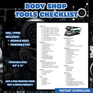 Op de afbeelding: Een zwart-witte printbare checklist voor carrosseriegereedschap. De checklist bevat secties voor steeksleutelsets, carrosseriegereedschap, sleutels, luchtgereedschap, tangen, schroevendraaiers, divers gereedschap, hamers, veiligheidsgereedschap en directe download. De checklist is 8,5 inch bij 11 inch.