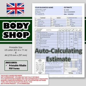 Auto Body Shop COLLISION Repair ESTIMATE, British Paper Size A4, Currency Pound sterling(GBP), Estimate/Invoice with United Kingdom Spelling