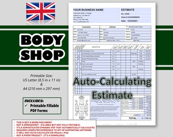 Auto Body Shop COLLISION Repair ESTIMATE, British Paper Size A4, Currency Pound sterling(GBP), Estimate/Invoice with United Kingdom Spelling