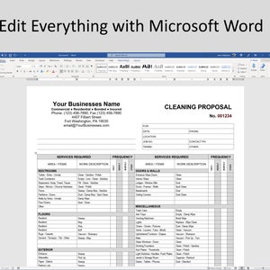 May include: A cleaning proposal document displayed on a computer screen within Microsoft Word. The document includes sections for business details, services required, and frequency. The text "Edit Everything with Microsoft Word" is at the top.